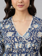 Janasya Navy Blue Cotton Floral Print Flared kurta