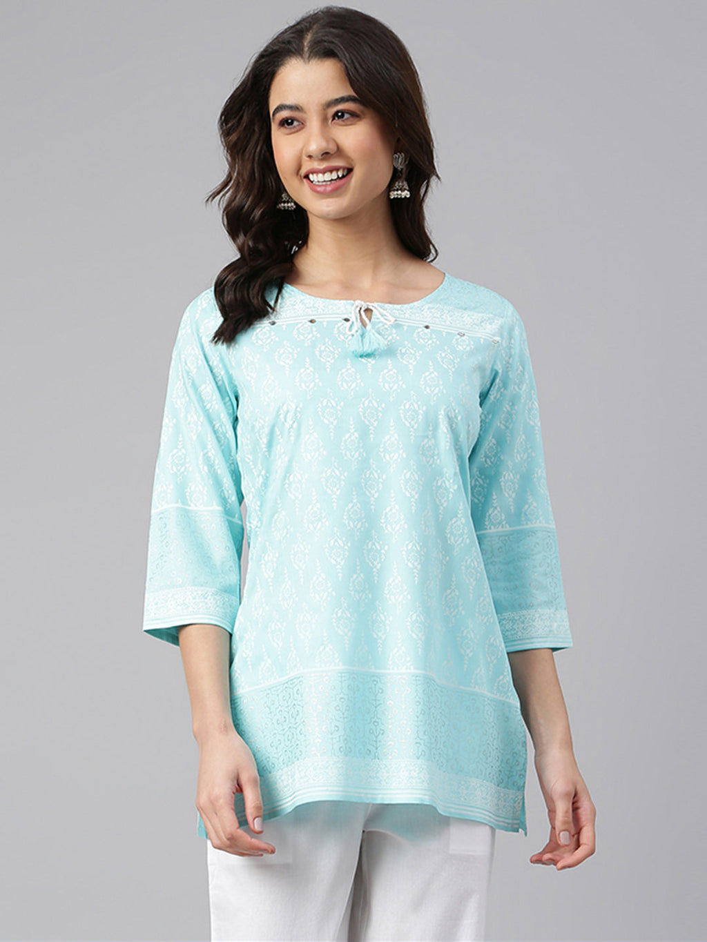 Janasya Women's Mint Blue Cotton Floral Print Straight Tunic - Distacart