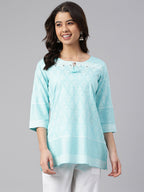 Janasya Women's Mint Blue Cotton Floral Print Straight Tunic - Distacart