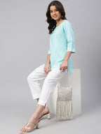 Janasya Women's Mint Blue Cotton Floral Print Straight Tunic - Distacart
