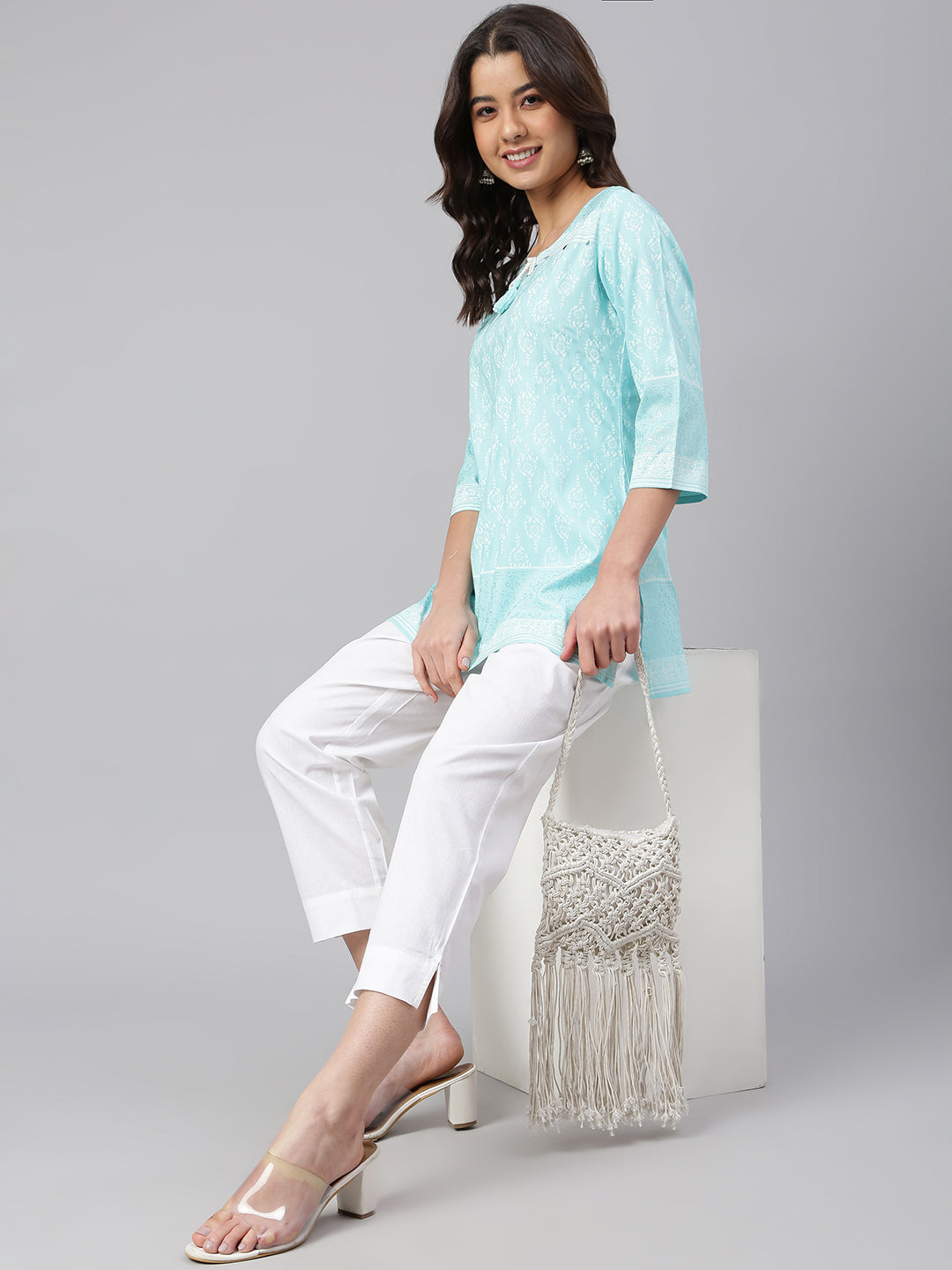 Janasya Women's Mint Blue Cotton Floral Print Straight Tunic - Distacart