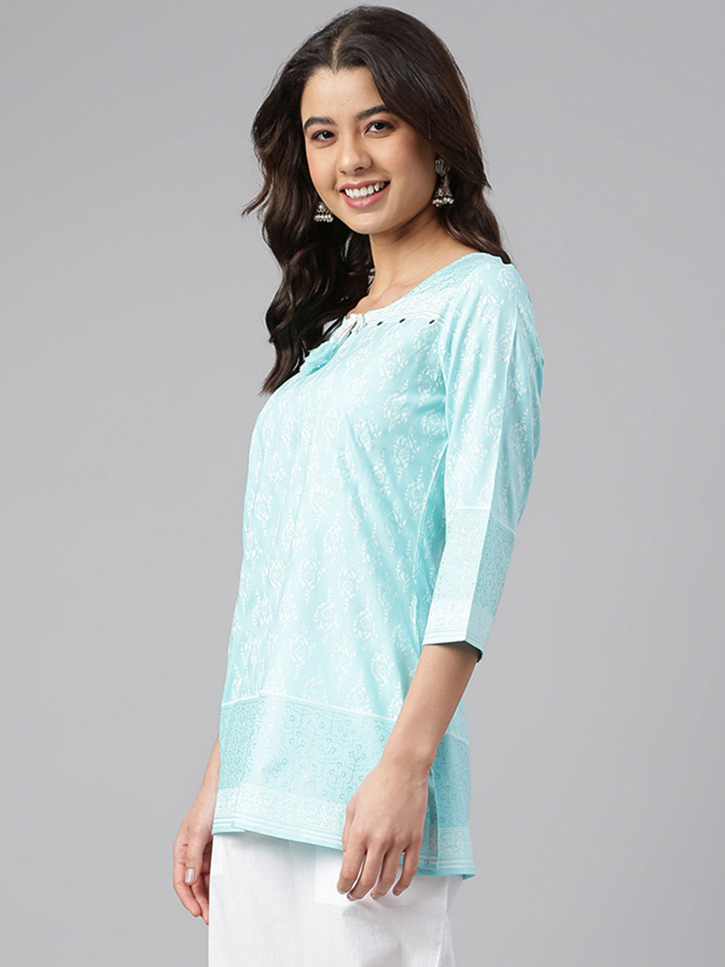 Janasya Women's Mint Blue Cotton Floral Print Straight Tunic - Distacart