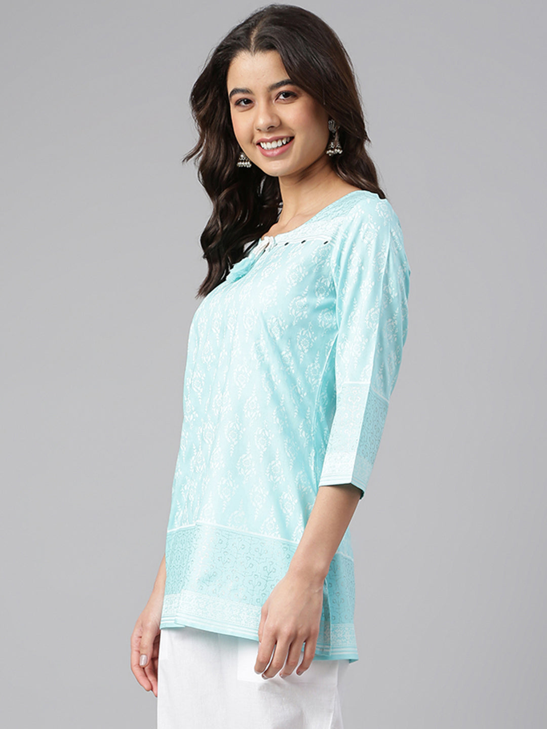 Janasya Women's Mint Blue Cotton Floral Print Straight Tunic - Distacart