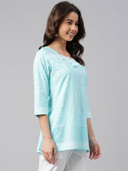 Janasya Women's Mint Blue Cotton Floral Print Straight Tunic - Distacart
