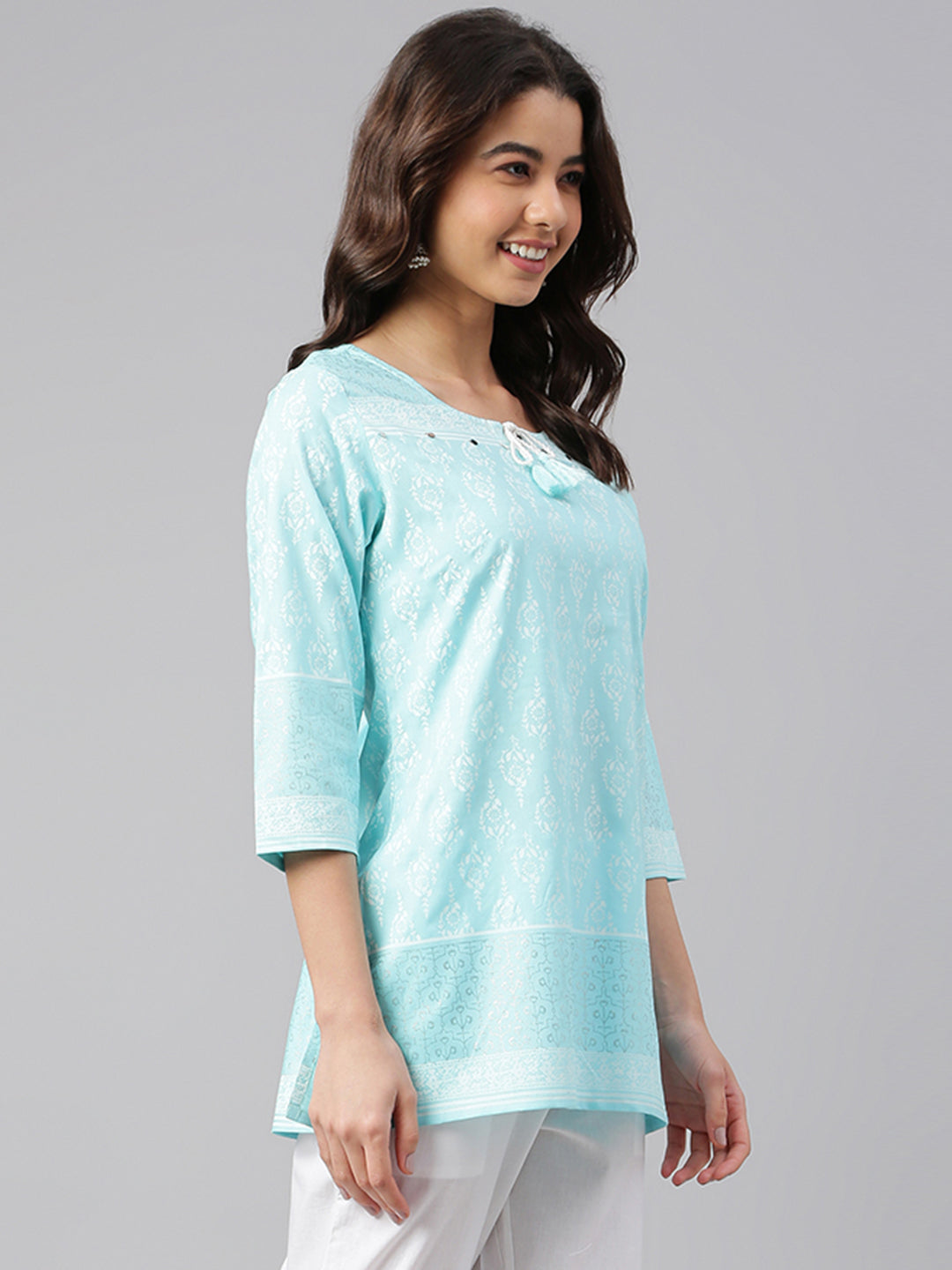 Janasya Women's Mint Blue Cotton Floral Print Straight Tunic - Distacart