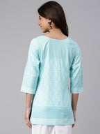 Janasya Women's Mint Blue Cotton Floral Print Straight Tunic - Distacart