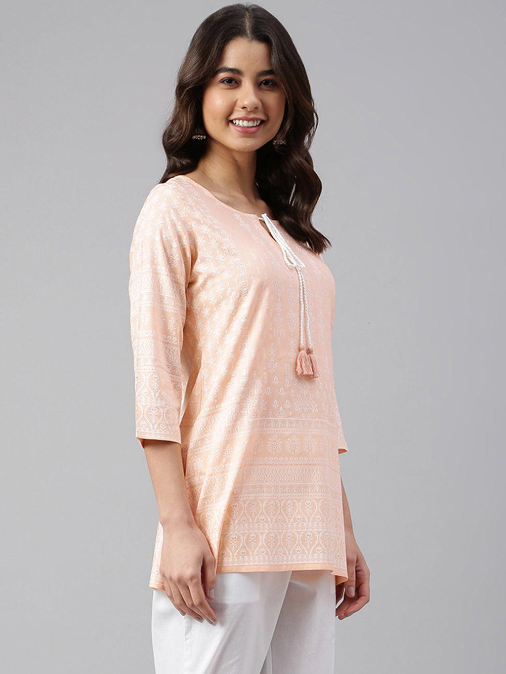 Janasya Women's Peach Cotton Ethnic Motifs Straight Tunic - Distacart