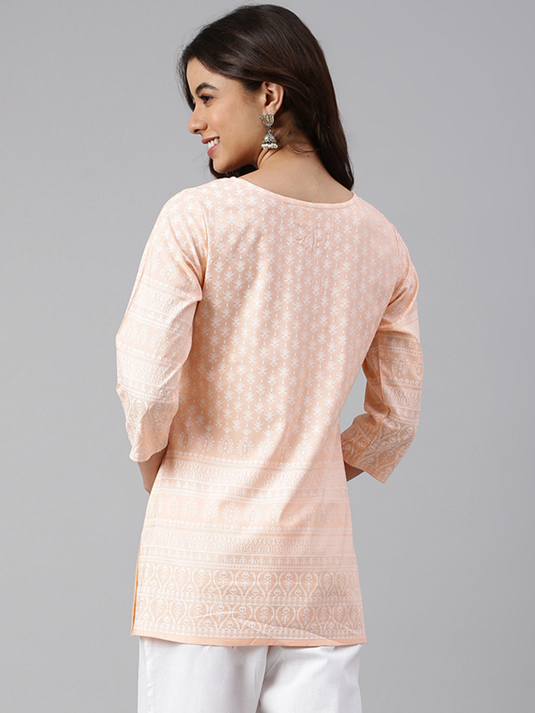 Janasya Women's Peach Cotton Ethnic Motifs Straight Tunic - Distacart