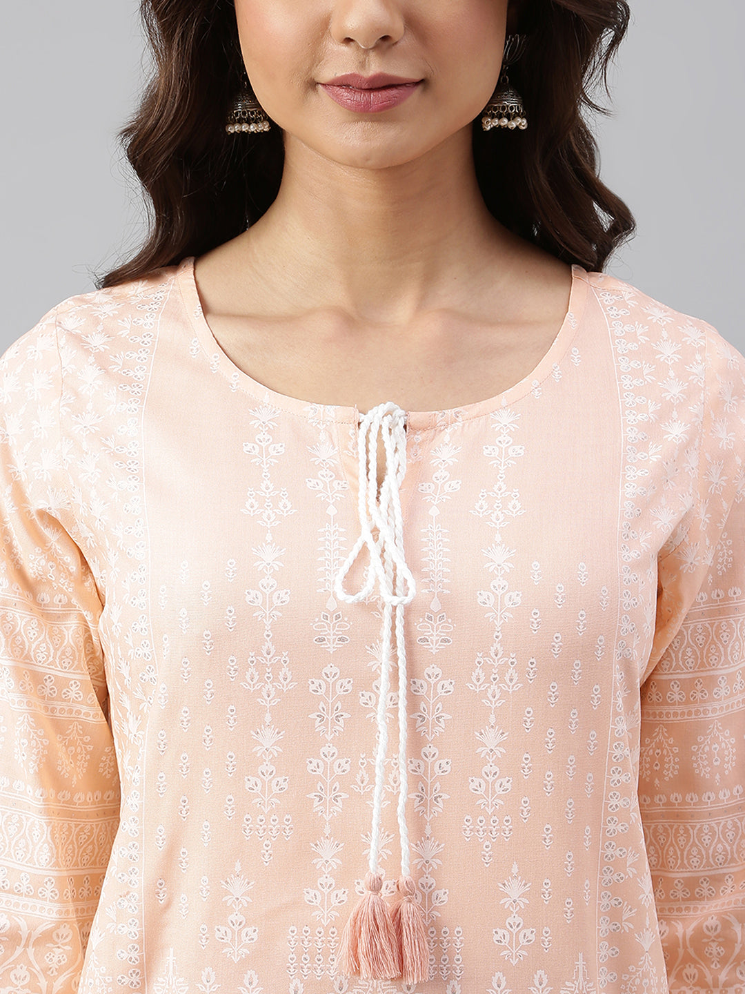 Janasya Women's Peach Cotton Ethnic Motifs Straight Tunic - Distacart
