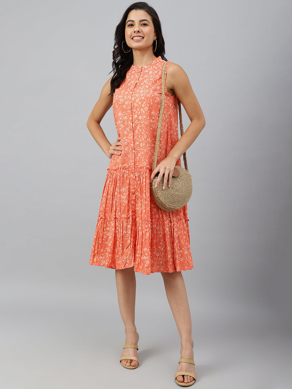 Janasya Women's Peach Cotton Floral Printed Flared Western Dress - Distacart
