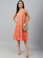 Janasya Women's Peach Cotton Floral Printed Flared Western Dress - Distacart