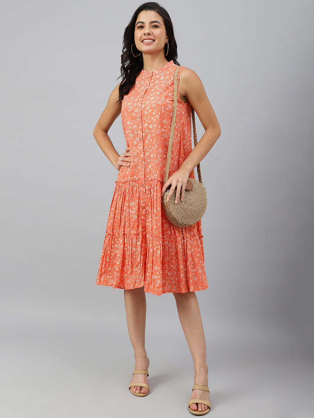 Janasya Women's Peach Cotton Floral Printed Flared Western Dress - Distacart