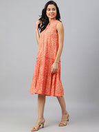 Janasya Women's Peach Cotton Floral Printed Flared Western Dress - Distacart