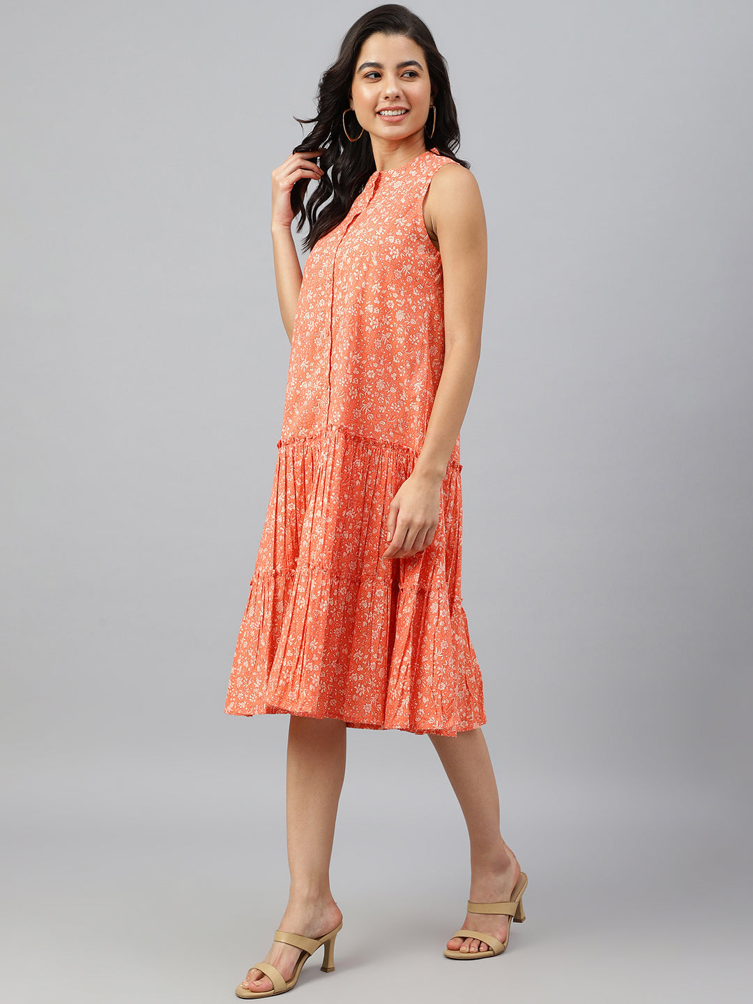Janasya Women's Peach Cotton Floral Printed Flared Western Dress - Distacart
