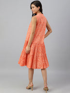 Janasya Women's Peach Cotton Floral Printed Flared Western Dress - Distacart