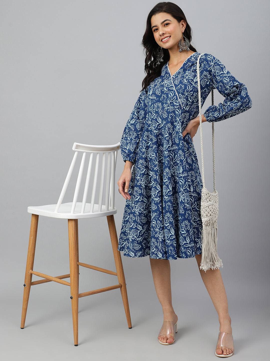Janasya Women's Navy Blue Cotton Floral Printed Angrakha Western Dress - Distacart