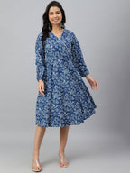 Janasya Women's Navy Blue Cotton Floral Printed Angrakha Western Dress - Distacart