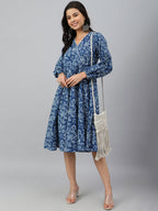 Janasya Women's Navy Blue Cotton Floral Printed Angrakha Western Dress - Distacart
