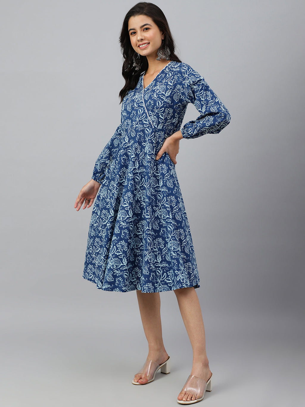 Janasya Women's Navy Blue Cotton Floral Printed Angrakha Western Dress - Distacart