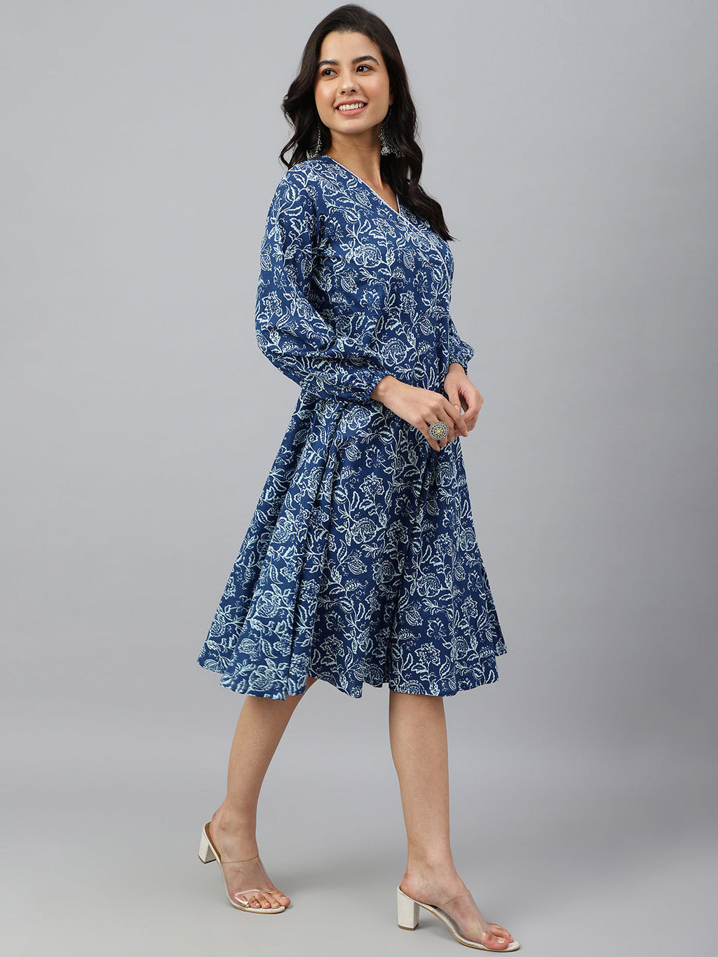 Janasya Women's Navy Blue Cotton Floral Printed Angrakha Western Dress - Distacart