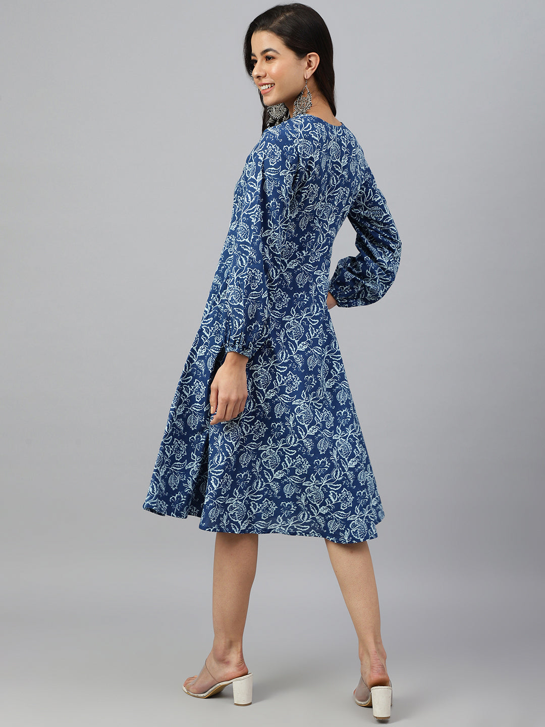 Janasya Women's Navy Blue Cotton Floral Printed Angrakha Western Dress - Distacart