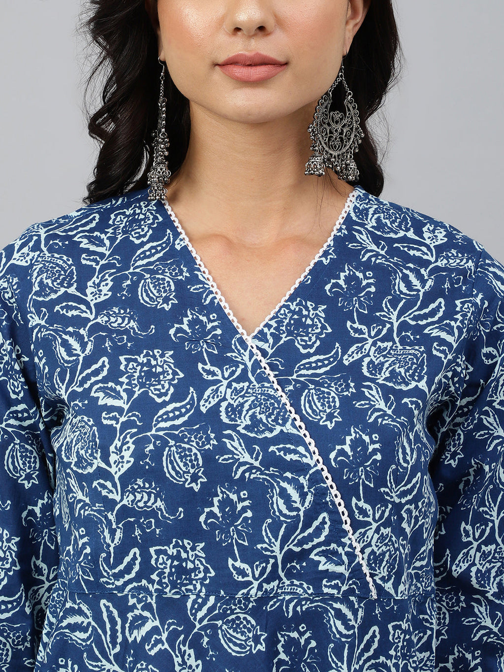 Janasya Women's Navy Blue Cotton Floral Printed Angrakha Western Dress - Distacart