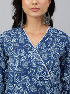 Janasya Women's Navy Blue Cotton Floral Printed Angrakha Western Dress - Distacart