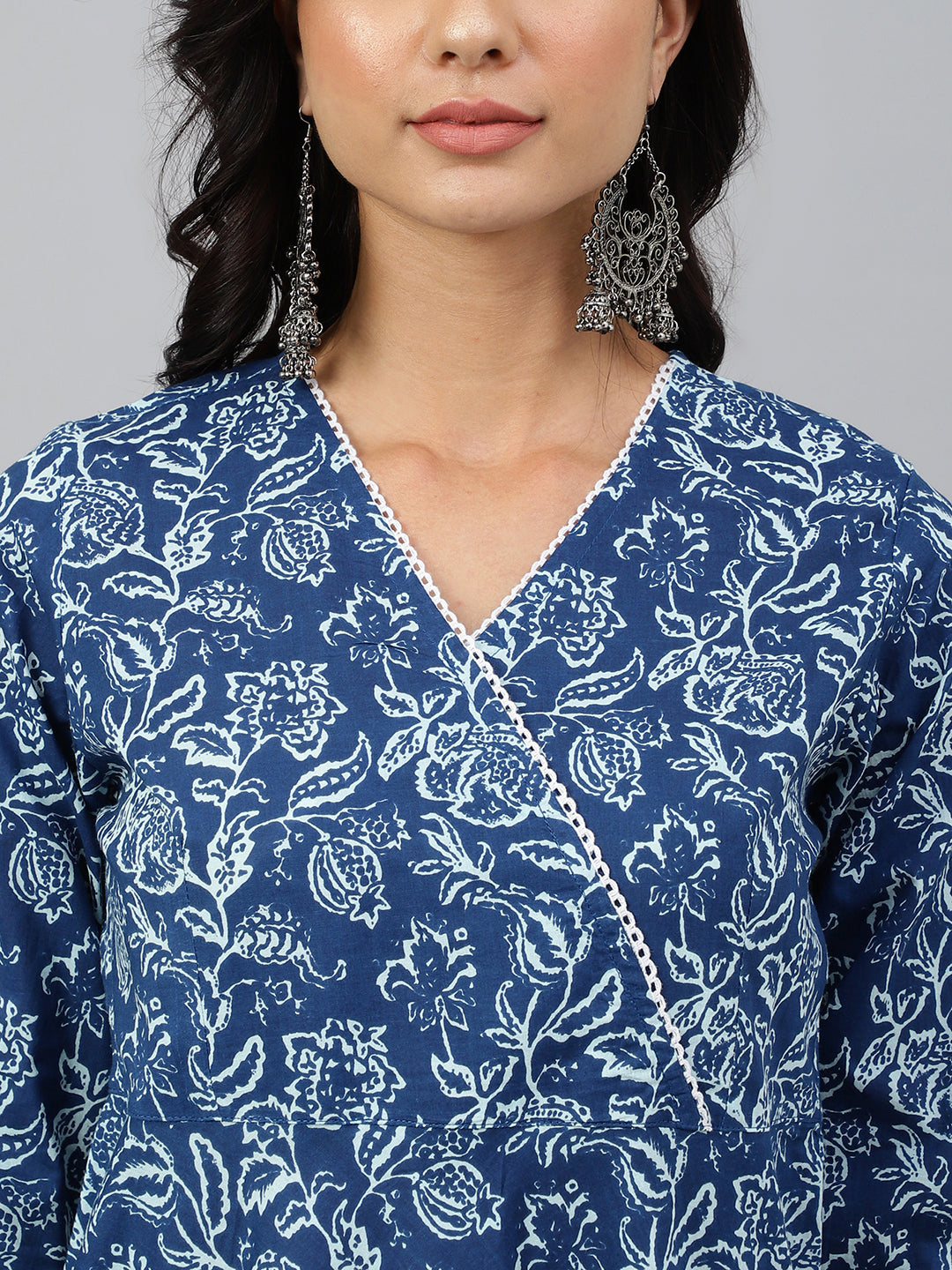 Janasya Women's Navy Blue Cotton Floral Printed Angrakha Western Dress - Distacart
