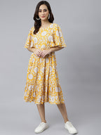 Janasya Women's Yellow Cotton Floral Printed Flared Western Dress - Distacart