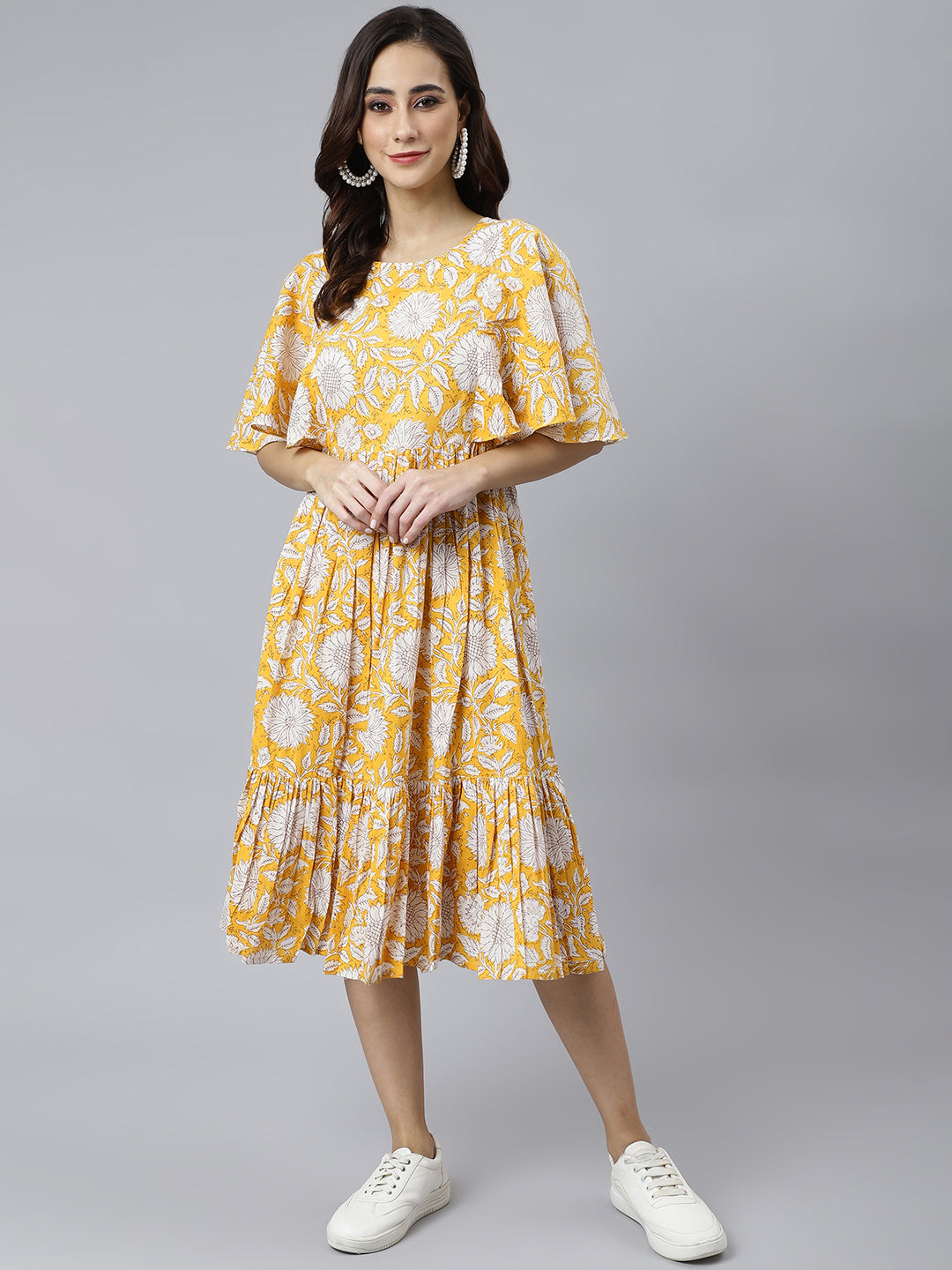 Janasya Women's Yellow Cotton Floral Printed Flared Western Dress - Distacart