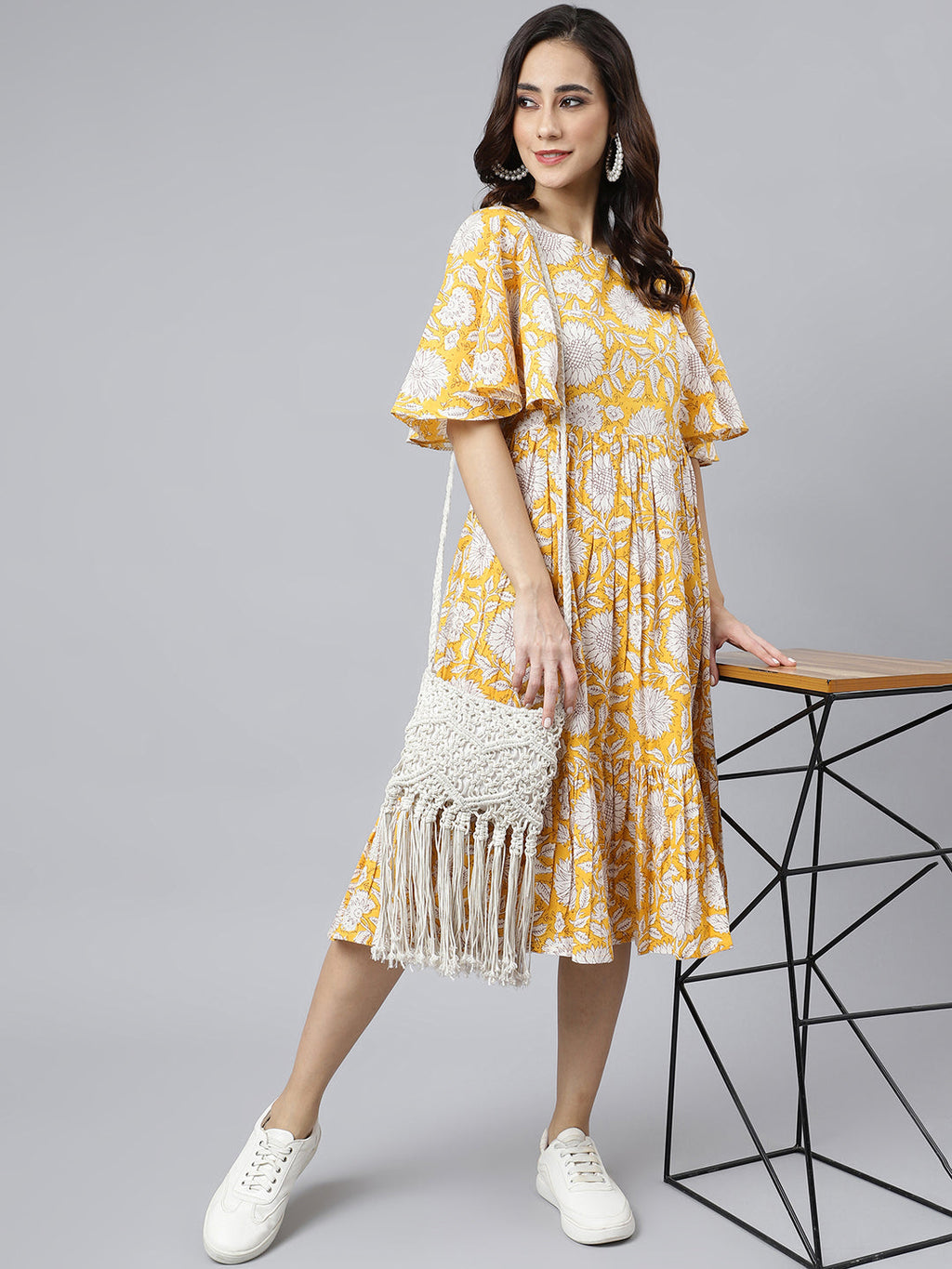 Janasya Women's Yellow Cotton Floral Printed Flared Western Dress - Distacart