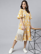 Janasya Women's Yellow Cotton Floral Printed Flared Western Dress - Distacart
