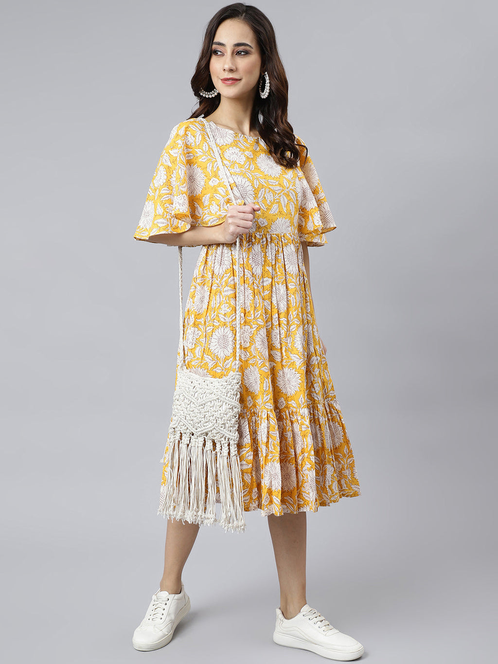 Janasya Women's Yellow Cotton Floral Printed Flared Western Dress - Distacart
