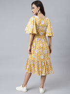Janasya Women's Yellow Cotton Floral Printed Flared Western Dress - Distacart