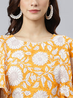 Janasya Women's Yellow Cotton Floral Printed Flared Western Dress - Distacart