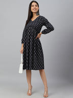 Janasya Women's Black Cotton Printed A-line Western Dress - Distacart