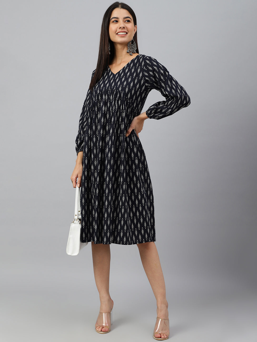 Janasya Women's Black Cotton Printed A-line Western Dress - Distacart