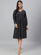 Janasya Women's Black Cotton Printed A-line Western Dress - Distacart