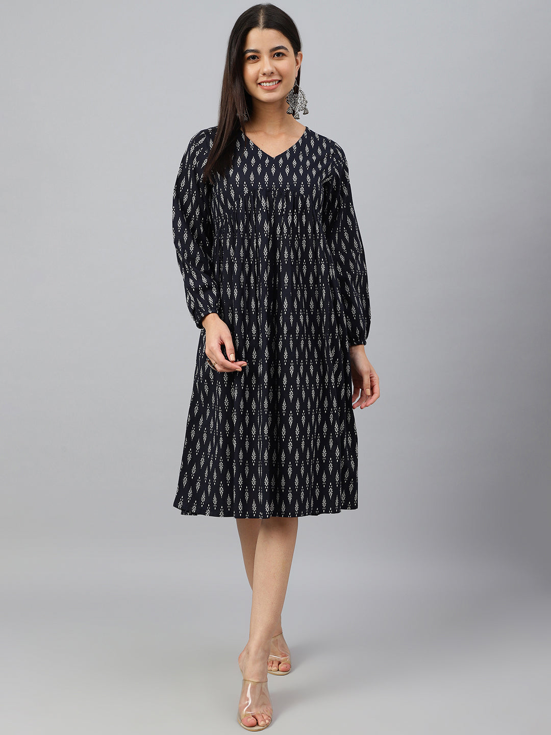 Janasya Women's Black Cotton Printed A-line Western Dress - Distacart