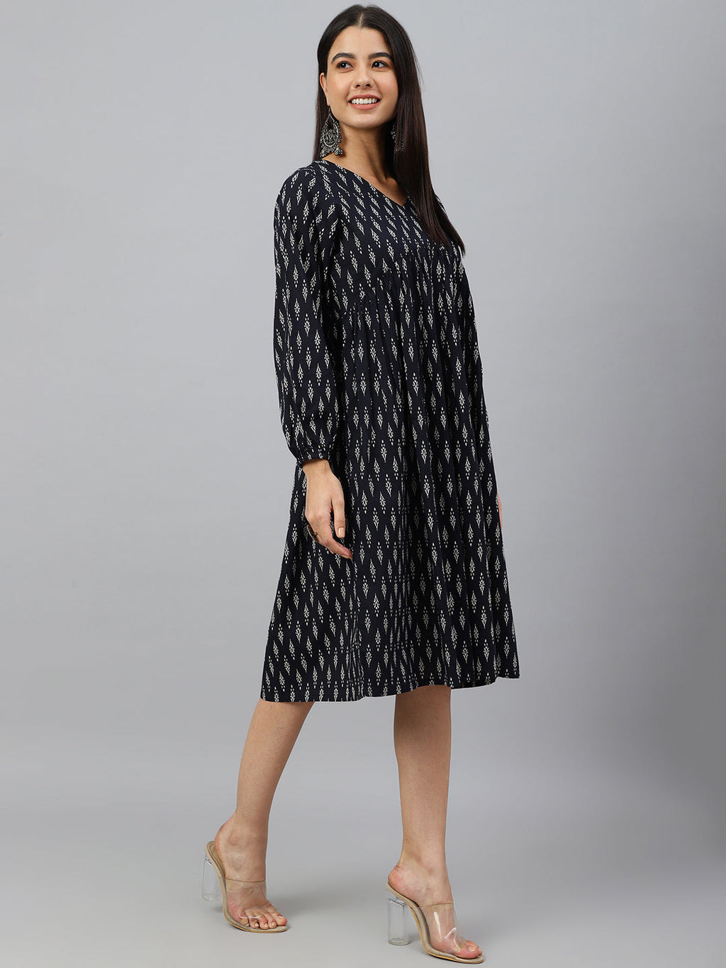 Janasya Women's Black Cotton Printed A-line Western Dress - Distacart