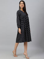 Janasya Women's Black Cotton Printed A-line Western Dress - Distacart