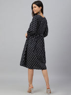 Janasya Women's Black Cotton Printed A-line Western Dress - Distacart