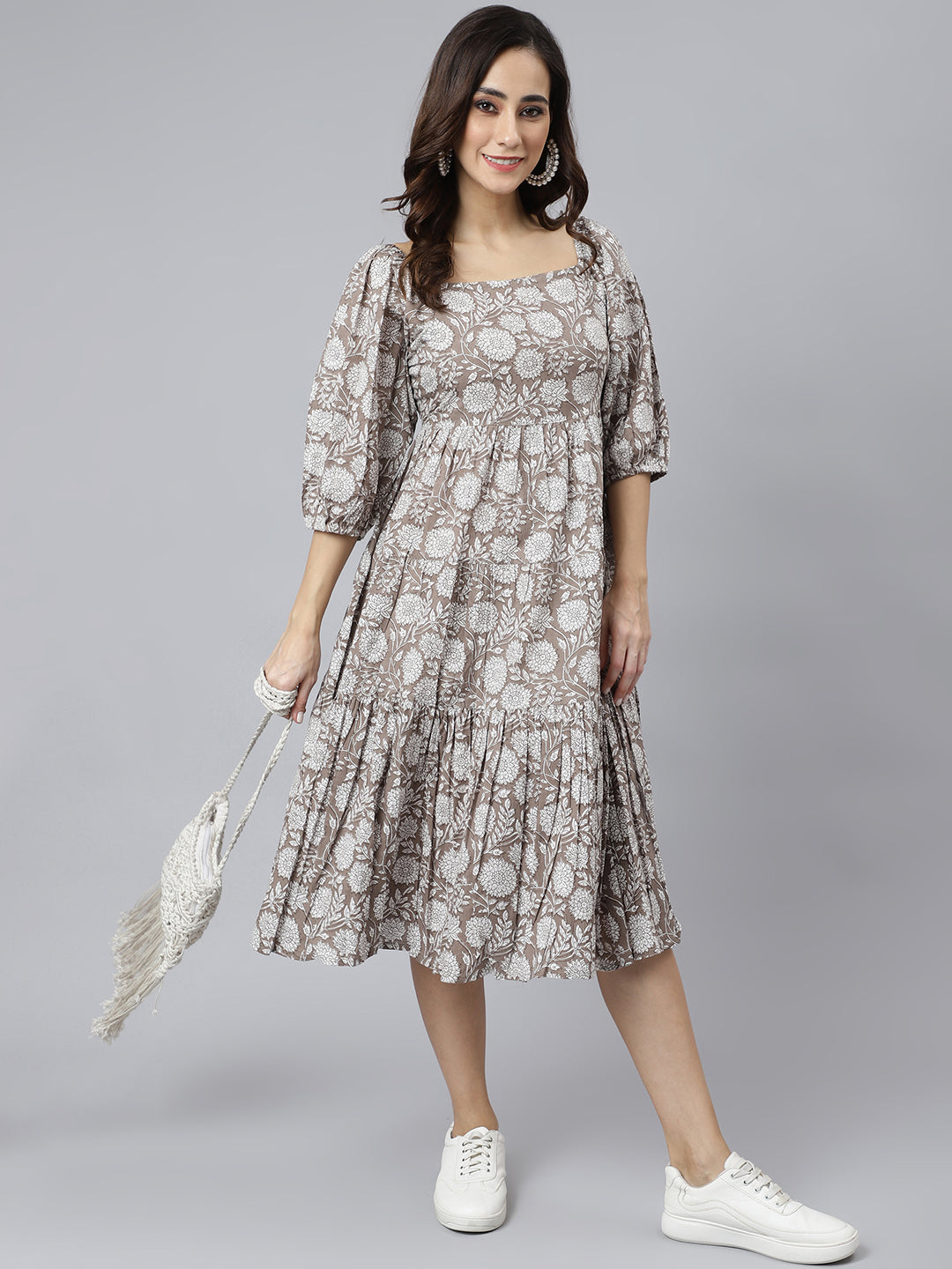 Janasya Women's Grey Cotton Floral Printed Flared Western Dress - Distacart