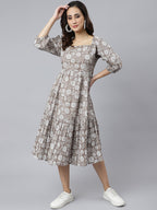Janasya Women's Grey Cotton Floral Printed Flared Western Dress - Distacart
