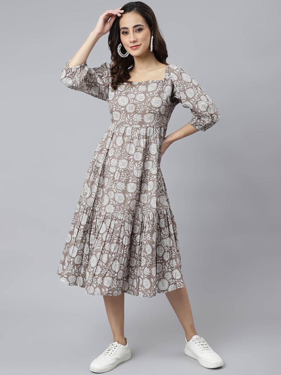 Janasya Women's Grey Cotton Floral Printed Flared Western Dress - Distacart