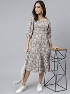 Janasya Women's Grey Cotton Floral Printed Flared Western Dress - Distacart