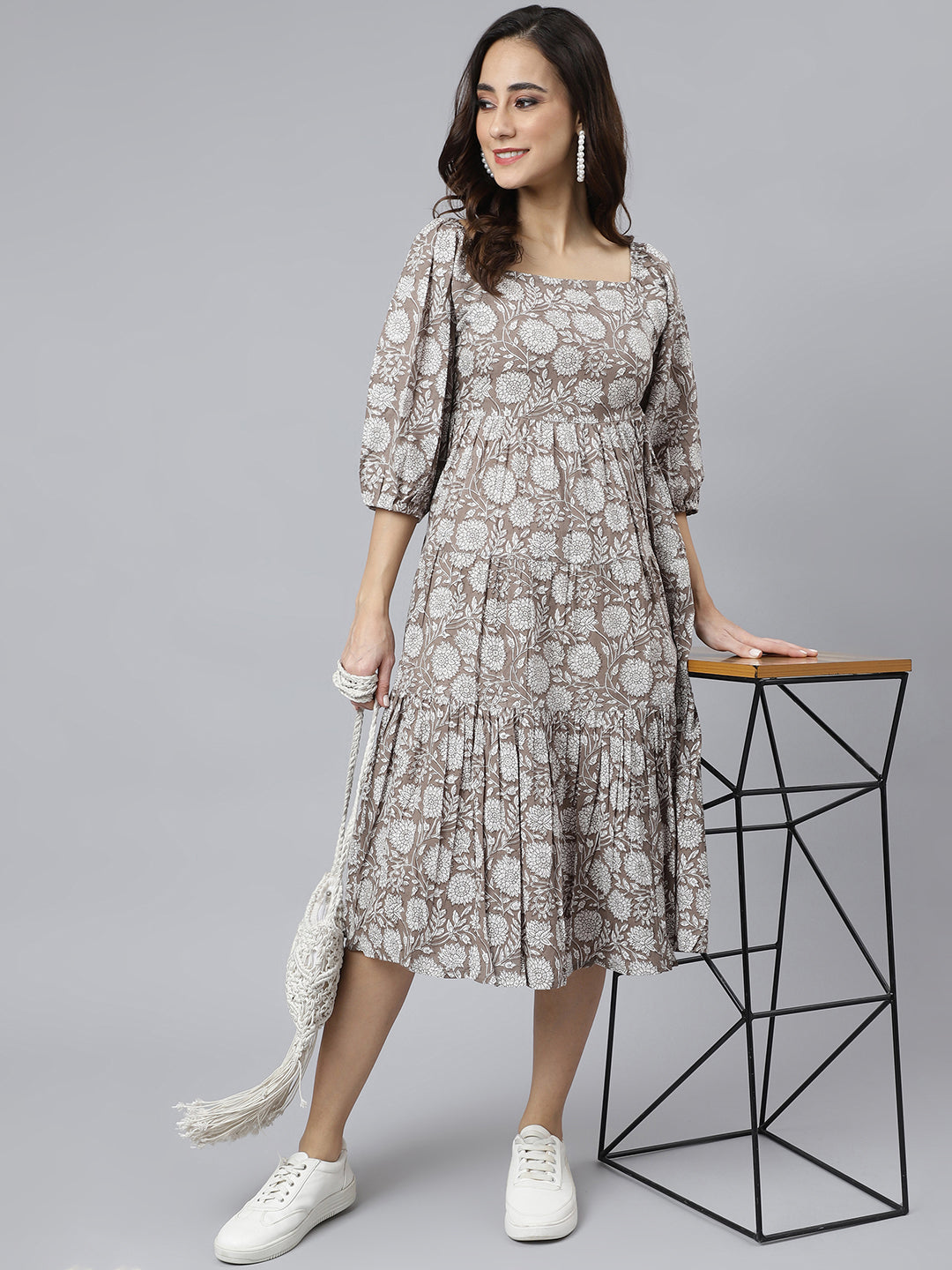 Janasya Women's Grey Cotton Floral Printed Flared Western Dress - Distacart