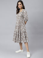 Janasya Women's Grey Cotton Floral Printed Flared Western Dress - Distacart