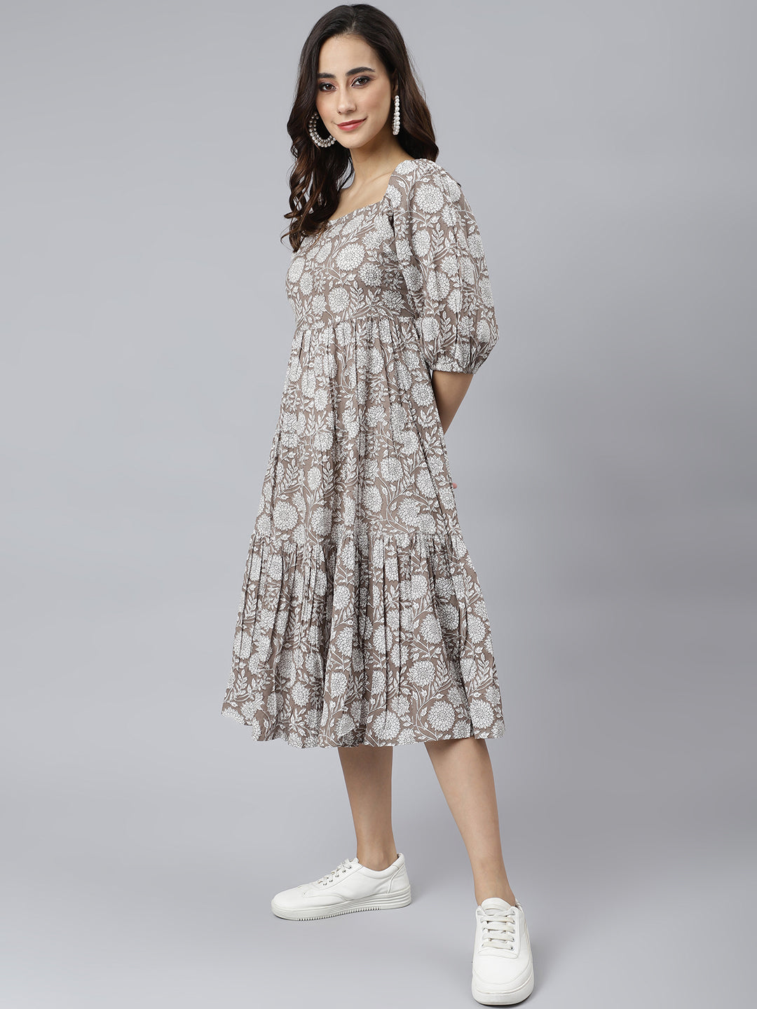 Janasya Women's Grey Cotton Floral Printed Flared Western Dress - Distacart