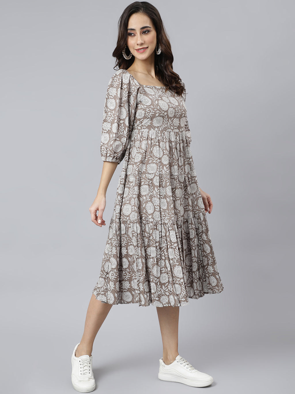Janasya Women's Grey Cotton Floral Printed Flared Western Dress - Distacart